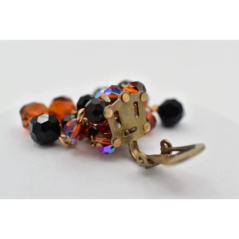 Laguna Vintage Clip On Crystal Earrings Chandelier Black Orange Signed 1950s A24